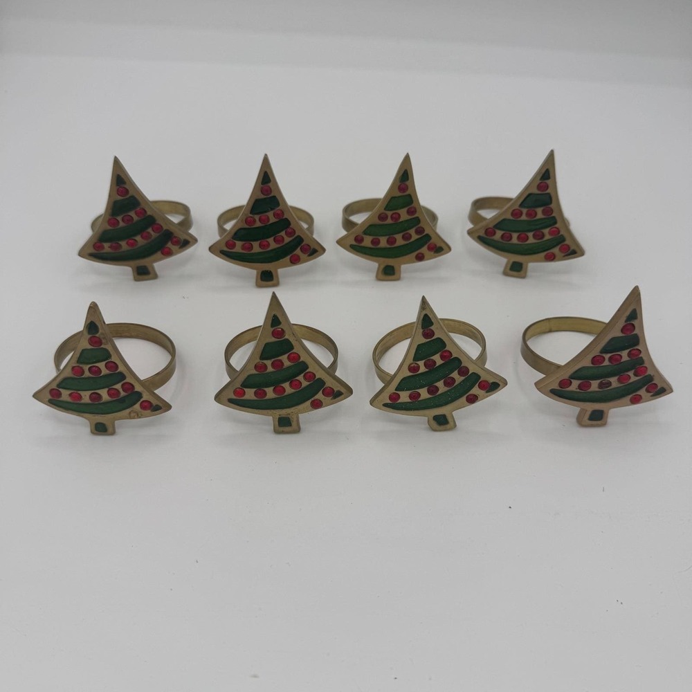 Vintage Brass Christmas Tree Napkin Rings Set of 8 Red Rhinestone Green Enamel